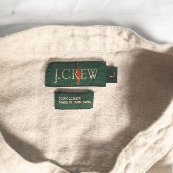 Vintage J.Crew Men's Band Collar Shirt Size L Deep Khaki 100% Linen 90’s Preppy - Picture 5 of 6